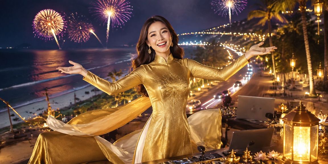 Phụ nữ mặc áo dài đẹp tại Mũi Né bên bờ biển trong ánh nắng chiều vàng